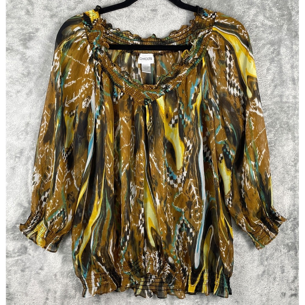 Chico's Sheer Off Shoulder Top Large Brown Neutral Abstract Beachy Resort Blouse